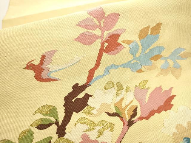 平和屋着物●爪掻き本綴れ 八寸名古屋帯 孔雀枝花文 飴色 金糸 正絹 逸品 CAAX1526hy