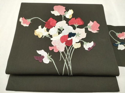 平和屋着物●九寸名古屋帯 総刺繍 枝花文 正絹 逸品 CAAX1558hy