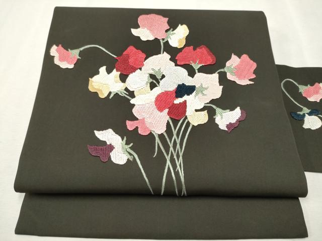 平和屋着物●九寸名古屋帯 総刺繍 枝花文 正絹 逸品 CAAX1558hy