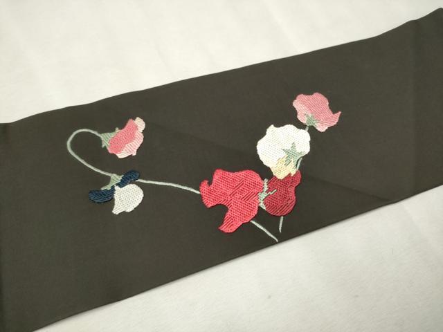 平和屋着物●九寸名古屋帯 総刺繍 枝花文 正絹 逸品 CAAX1558hy