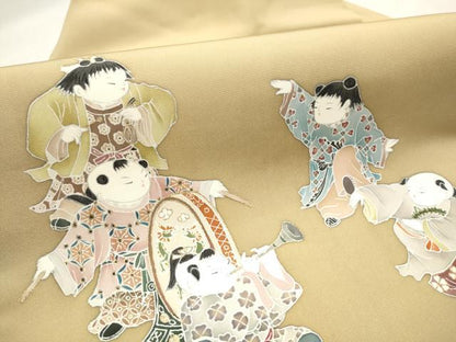平和屋着物●塩瀬　九寸名古屋帯　作家物　童子楽器文　金彩　正絹　逸品　CAAX1565hy