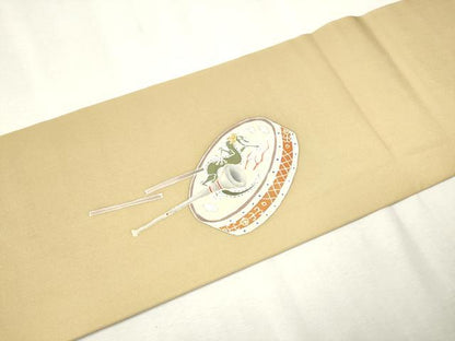 平和屋着物●塩瀬　九寸名古屋帯　作家物　童子楽器文　金彩　正絹　逸品　CAAX1565hy