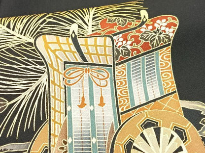 平和屋着物■豪華黒留袖　駒刺繍　御所車花文　金彩　正絹　逸品　CAAX1907xe