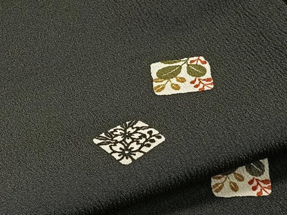平和屋着物▽小紋　単衣　色紙草花文　黒地　洗える着物　CAAX2436xi