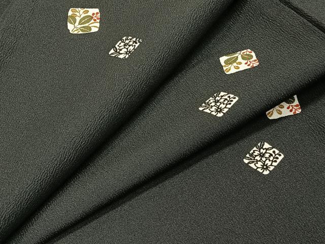 平和屋着物▽小紋　単衣　色紙草花文　黒地　洗える着物　CAAX2436xi
