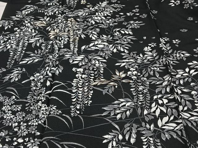 平和屋着物▽訪問着　単衣　草花文　黒地　金彩　洗える着物　CAAX2448xi