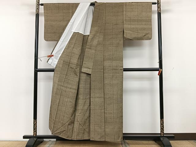 平和屋着物▽上質な紬 単衣 格子柄 正絹 逸品 CAAX2452xi