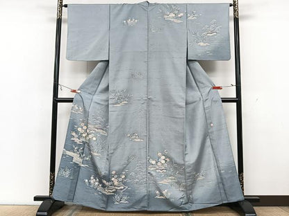 平和屋着物▽訪問着 単衣 友禅 作家物 紬地 風景文 正絹 逸品 CAAX2453xi