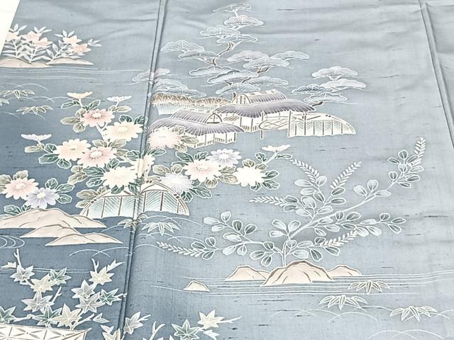 平和屋着物▽訪問着 単衣 友禅 作家物 紬地 風景文 正絹 逸品 CAAX2453xi