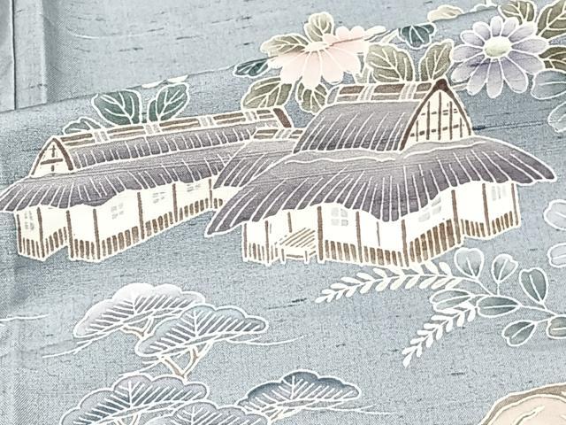 平和屋着物▽訪問着 単衣 友禅 作家物 紬地 風景文 正絹 逸品 CAAX2453xi