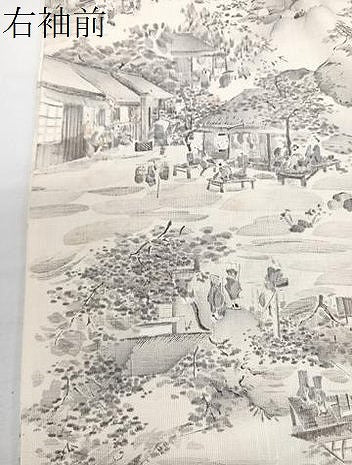 平和屋着物▽上質な小紋　単衣　紬地　人物風景文　正絹　逸品　CAAX2470xi