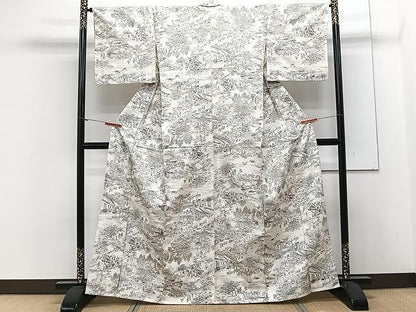 平和屋着物▽上質な小紋　単衣　紬地　人物風景文　正絹　逸品　CAAX2470xi