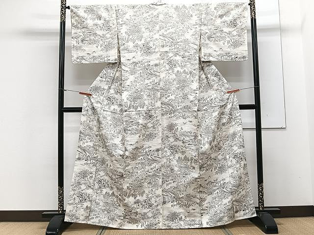 平和屋着物▽上質な小紋　単衣　紬地　人物風景文　正絹　逸品　CAAX2470xi