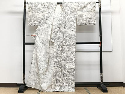 平和屋着物▽上質な小紋　単衣　紬地　人物風景文　正絹　逸品　CAAX2470xi