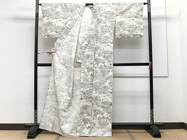 平和屋着物▽上質な小紋　単衣　紬地　人物風景文　正絹　逸品　CAAX2470xi