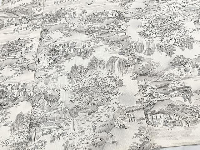 平和屋着物▽上質な小紋　単衣　紬地　人物風景文　正絹　逸品　CAAX2470xi
