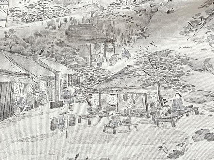 平和屋着物▽上質な小紋　単衣　紬地　人物風景文　正絹　逸品　CAAX2470xi