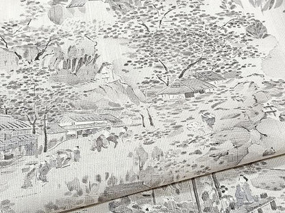 平和屋着物▽上質な小紋　単衣　紬地　人物風景文　正絹　逸品　CAAX2470xi