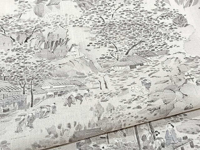 平和屋着物▽上質な小紋　単衣　紬地　人物風景文　正絹　逸品　CAAX2470xi