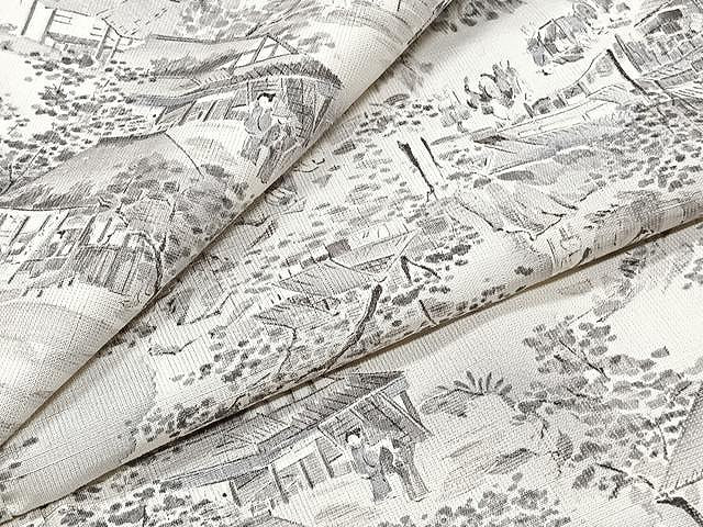 平和屋着物▽上質な小紋　単衣　紬地　人物風景文　正絹　逸品　CAAX2470xi