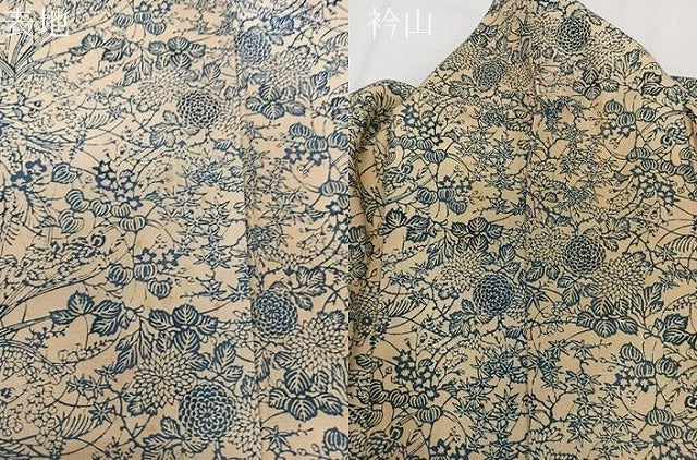 平和屋着物▽上質な紬　単衣　本藍　型絵染　草花文　正絹　逸品　CAAX2480xi