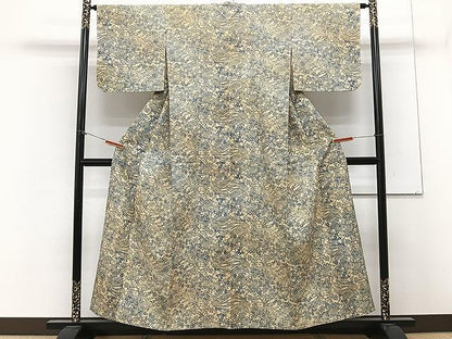 平和屋着物▽上質な紬　単衣　本藍　型絵染　草花文　正絹　逸品　CAAX2480xi
