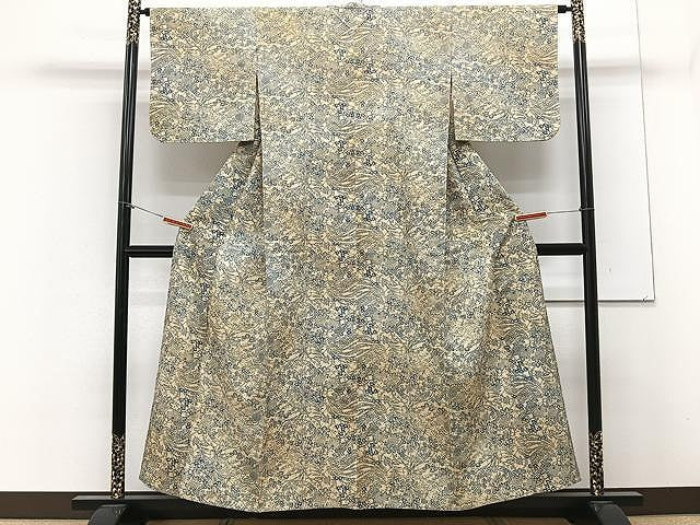 平和屋着物▽上質な紬　単衣　本藍　型絵染　草花文　正絹　逸品　CAAX2480xi