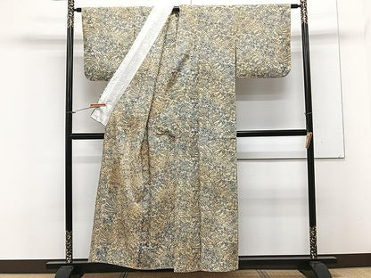 平和屋着物▽上質な紬　単衣　本藍　型絵染　草花文　正絹　逸品　CAAX2480xi