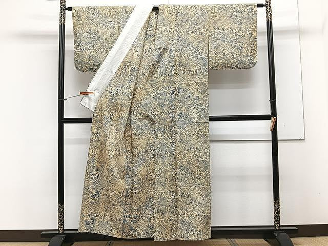 平和屋着物▽上質な紬　単衣　本藍　型絵染　草花文　正絹　逸品　CAAX2480xi