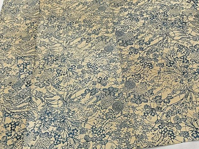 平和屋着物▽上質な紬　単衣　本藍　型絵染　草花文　正絹　逸品　CAAX2480xi