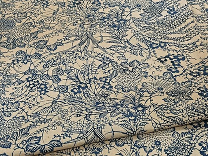 平和屋着物▽上質な紬　単衣　本藍　型絵染　草花文　正絹　逸品　CAAX2480xi