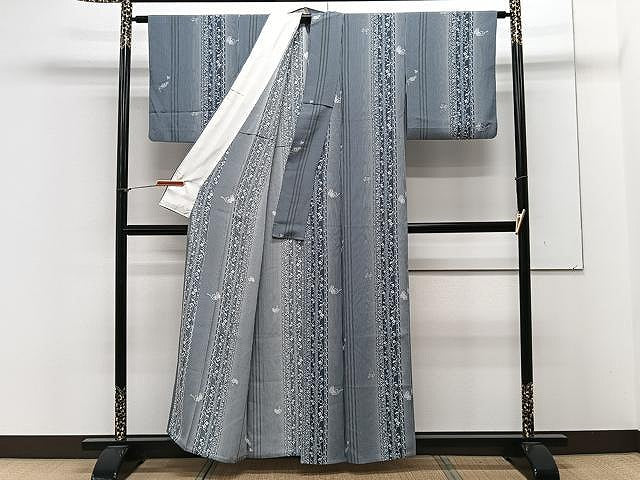 平和屋着物▽上質な小紋 単衣 花唐草間道 正絹 逸品 CAAX2490xi