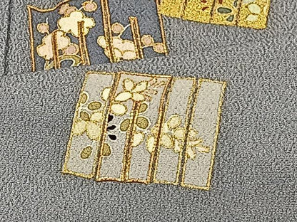 平和屋着物▽訪問着　単衣　駒刺繍　源氏香　枝花文　金彩　正絹　逸品　CAAX2497xi
