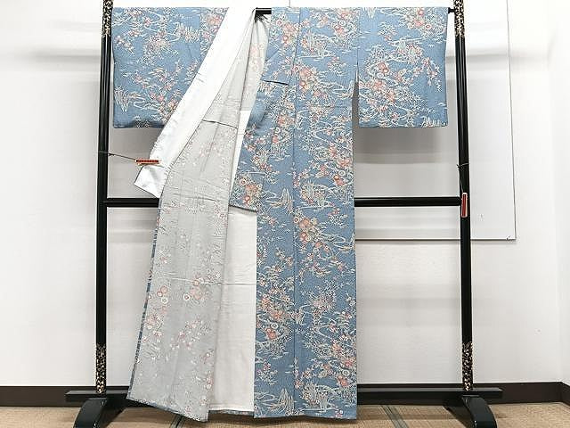 平和屋着物▽上質な小紋 単衣 流水風景花文 正絹 逸品 CAAX2514xi
