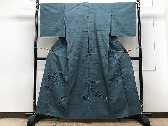平和屋着物▽中国三大刺繍 相良刺繍 総刺繍 色留訪問着 単衣 紬地 七宝松葉文 藍色 正絹 逸品 未使用 CAAX2517xi