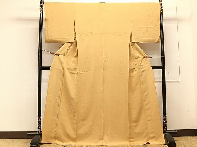 平和屋着物▽訪問着　単衣　ロング丈　寿光織　舞葉文　金糸　萱草色　正絹　逸品　CAAX2523xi