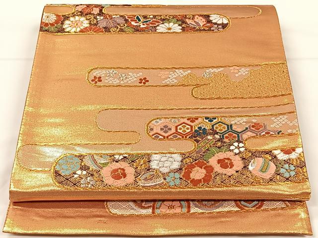 平和屋着物◎六通柄袋帯 唐織 エ霞花蝶文 金糸 正絹 逸品 CAAX2848id