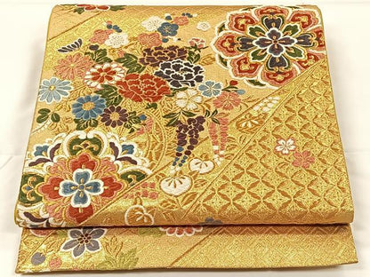 平和屋着物◎六通柄袋帯　唐織　切嵌花車文　金糸　正絹　逸品　CAAX2870id