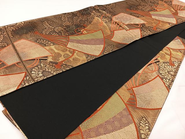 平和屋着物◎六通柄袋帯　扇面吉祥花文　黒地　金糸　正絹　逸品　CAAX2883id