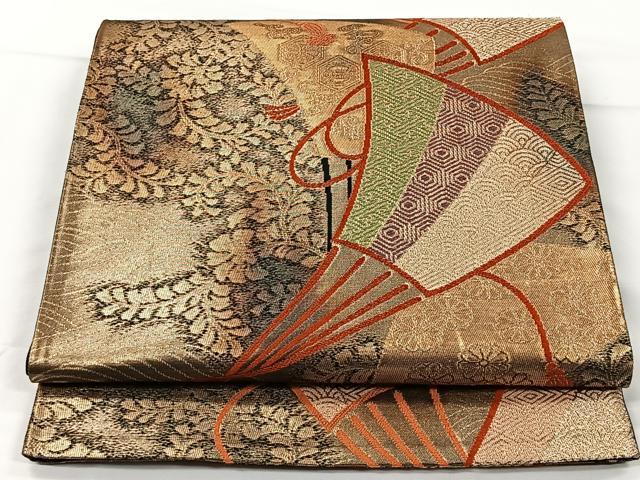 平和屋着物◎六通柄袋帯　扇面吉祥花文　黒地　金糸　正絹　逸品　CAAX2883id