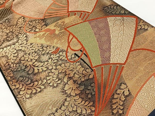 平和屋着物◎六通柄袋帯　扇面吉祥花文　黒地　金糸　正絹　逸品　CAAX2883id