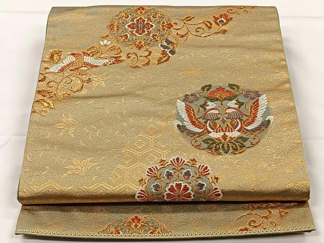 平和屋着物◎六通柄袋帯　唐織　向かい鳥更紗唐草文　金糸　正絹　逸品　CAAX2893id