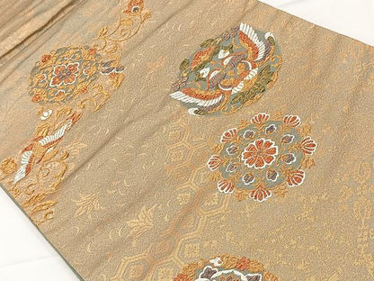 平和屋着物◎六通柄袋帯　唐織　向かい鳥更紗唐草文　金糸　正絹　逸品　CAAX2893id