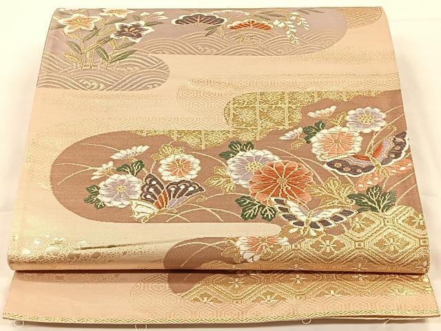 平和屋着物◎六通柄袋帯　唐織　霞花蝶文　金糸　正絹　逸品　CAAX2909id