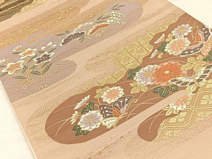 平和屋着物◎六通柄袋帯　唐織　霞花蝶文　金糸　正絹　逸品　CAAX2909id