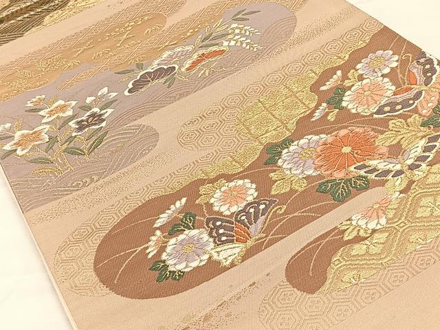 平和屋着物◎六通柄袋帯　唐織　霞花蝶文　金糸　正絹　逸品　CAAX2909id