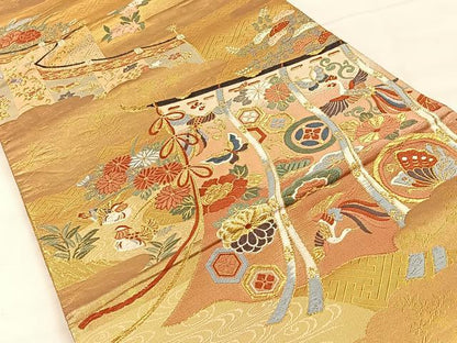 平和屋着物◎六通柄袋帯　唐織　几帳花鳥文　金糸　正絹　逸品　CAAX2941id