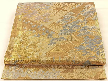 平和屋着物◎佐賀錦　六通柄袋帯　飛鶴風景文　金糸　正絹　逸品　CAAX2961id