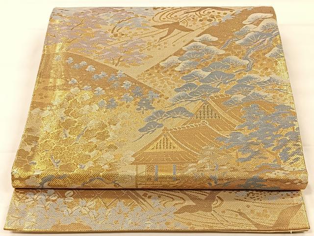 平和屋着物◎佐賀錦　六通柄袋帯　飛鶴風景文　金糸　正絹　逸品　CAAX2961id