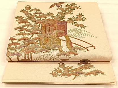 平和屋着物◎太鼓柄袋帯　御所車飛鶴枝花文　金彩　正絹　逸品　CAAX2966id